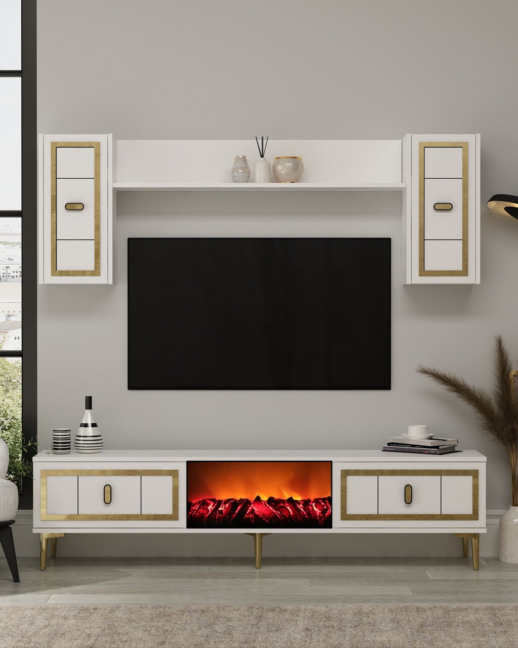 Comoda TV, Hanah Home, Orion Fireplace, 150x44.6x29.6 cm, PAL , Alb/Auriu - imagine 7